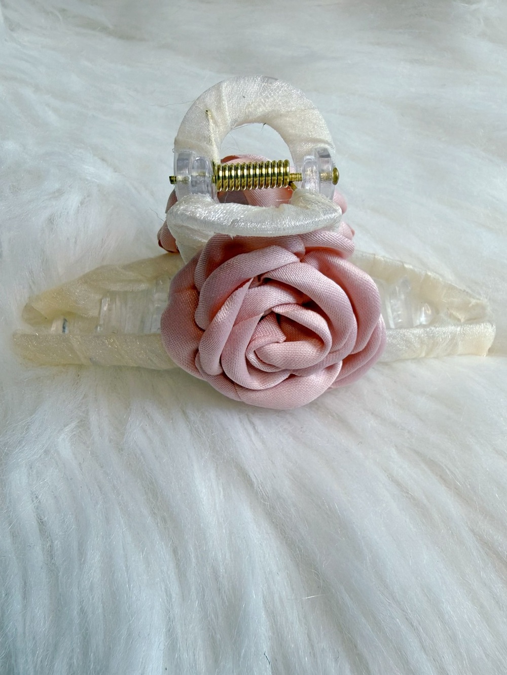 Camellia Flower hair Large clip Hair Claw Satin Barrette White Pink 4.25” New